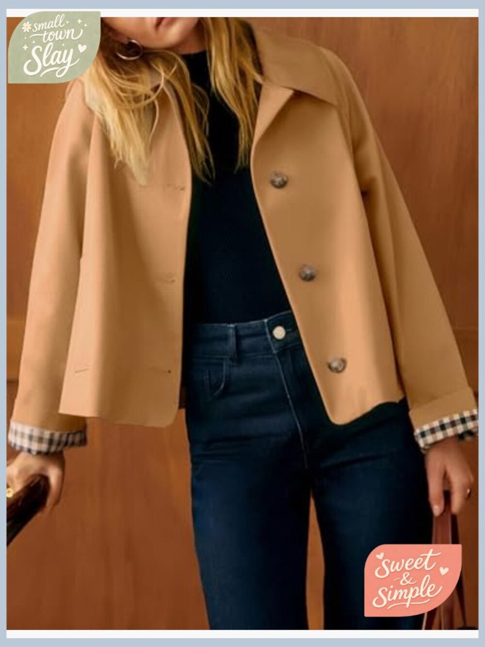 Short Trench Jacket Plaid Lining Button Front Lightweight Casual with Pockets - Picture 2 of 7